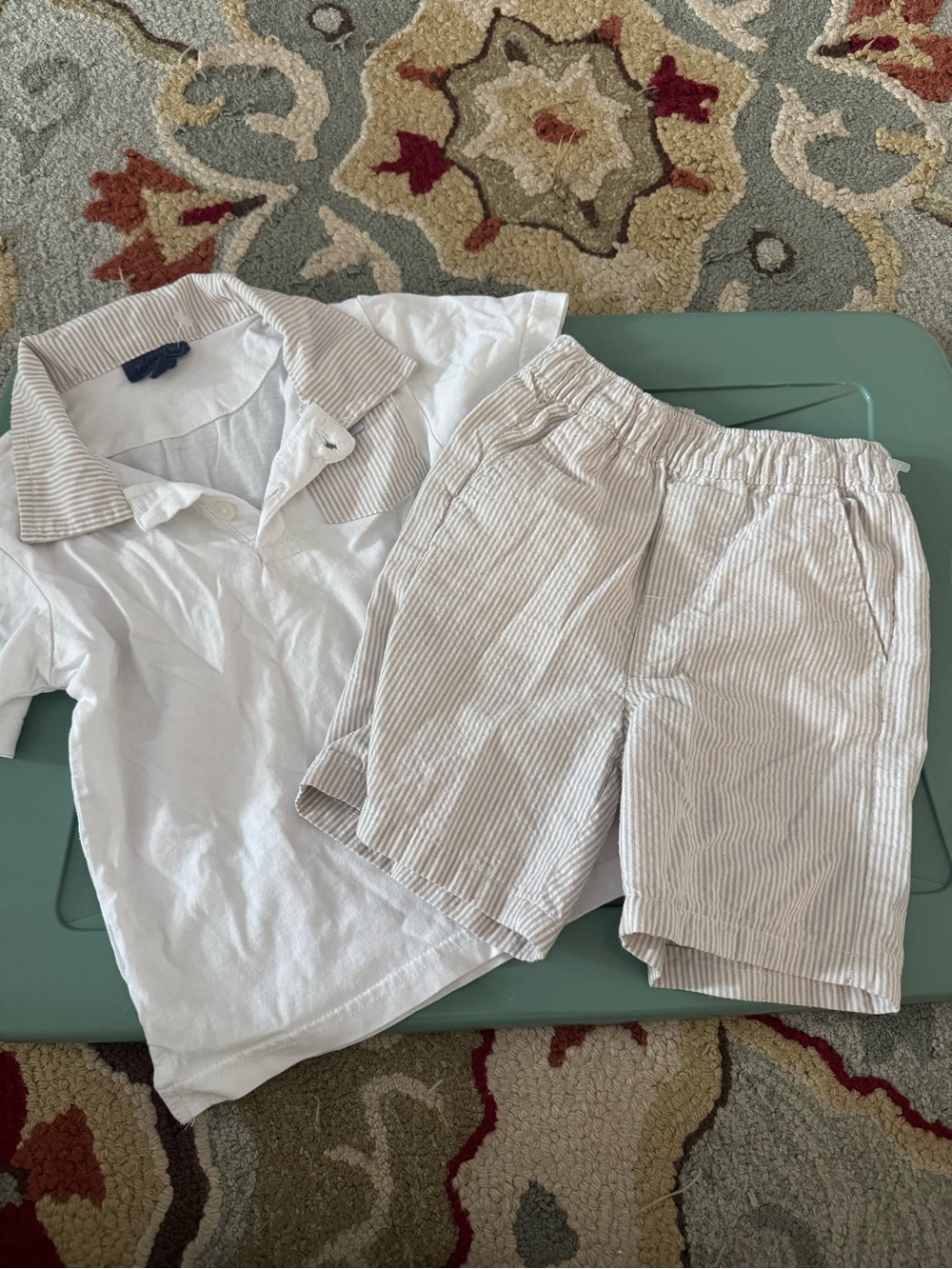 Tahari White Polo with Light Beige Striped Shorts - Kids Matching Set